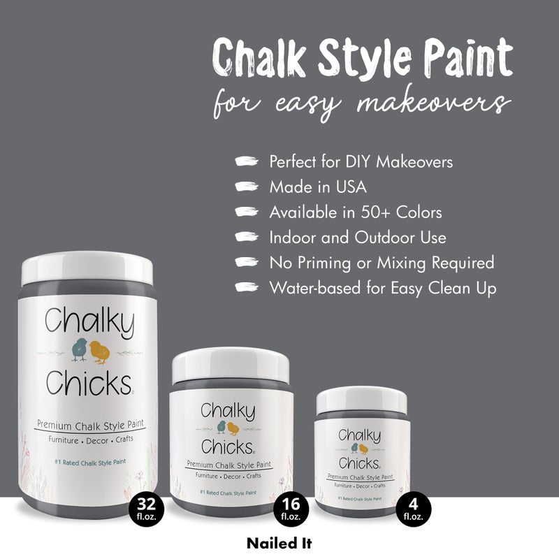 Chalky Chicks All-in-One Chalk Paint for Furniture or Cabinet - 32Fl Oz- Matte Finish Nailed It (Blueish Gray) for Metal, Wood Furniture Paint - No Sanding All-in-One for Home Decor & Crafts, USA Made - Image 2